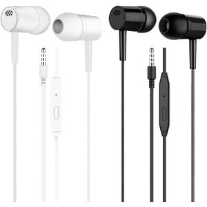 Wired in-Ear Earbud Headphones with Mic 2 Pack, 3.5mm Jack, Black & White