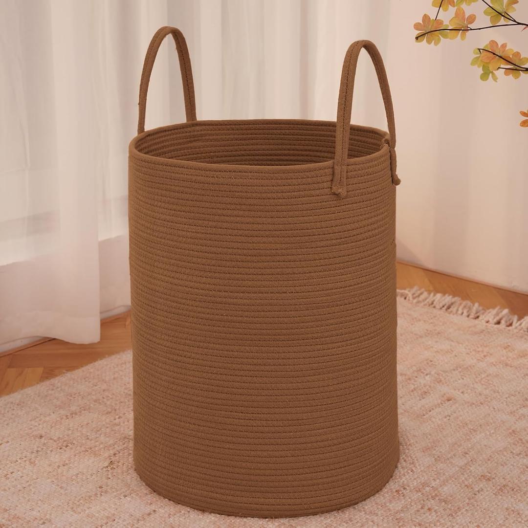 JMvicyroam Large Woven Laundry Basket Hamper,60L Cotton Rope Storage Bin for Blankets,Toys and Clothes,Decorative Tall Nursery Hamper for Living Room,Baby Nursery,Bathroom and Bedroom,Golden Jute