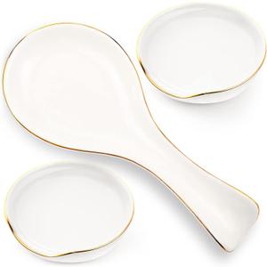 Patelai 3 Pcs Ceramic Spoon Rest for Stove Top 4 Inch Small Spoon Holder for Kitchen Counter Cooking Ladle Utensil Rest for Coffee Tea Farmhouse Rustic Kitchen Housewarming Christmas Gift(White)