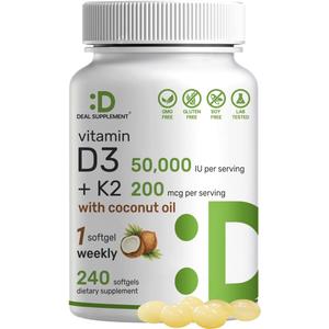 DEAL SUPPLEMENT Vitamin D3 50,000 IU + K2 MK7 200mcg Softgels, 240 Count | 2-in-1 Complex with Virgin Coconut Oil | Supports Heart, Bone, Teeth & Immune Health | Easy to Swallow