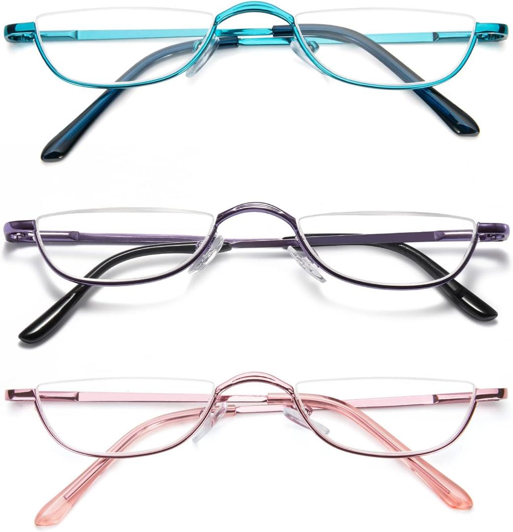 DXYXYO Small Half Frame Reading Glasses for Women 2.5+, 3 Pack Half Moon Metal Readers with Spring Hinge, Purple Blue Pink
