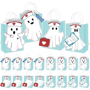 Eersida 16 Pack Nurse Paper Gift Bags with Handles 3D Cute Ghost Stickers Favors Goodie Candy Treat Bags for Party Supplies