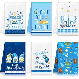6 Pieces Hanukkah Kitchen Towels Hanukkah Decorations for Home Blue Menorah Gnomes Stars Happy Hanukkah Gift Candlestick Dish Towels Jewish Festival Tea Towel Hand Drying Towel for Cooking Baking