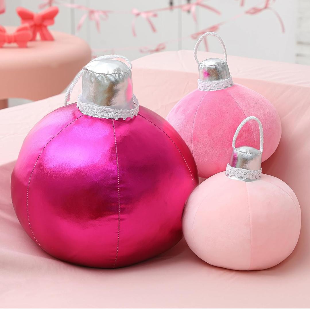 Shellwei 3 Pcs Pink Christmas Bell Pillow Velvet Round Throw Pillows 3D Stuffed Ball Shaped Pillow Neutral Cute Christmas Decorations for Bedroom Living Room and Gift for Xmas