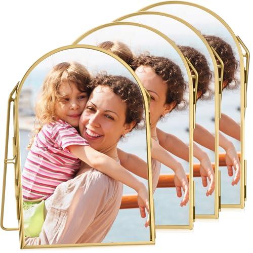 Vicenpal 4 Pcs 4 x 6 Inch Double Glass Frame for Pressed Flowers Vintage Metal Gold Floating Picture Frames Minimal Vertical Arched Photo Stand for Desk Tabletop Display(Gold)