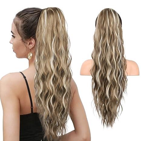 Ponytail Extension, HOOJIH Drawstring Ponytail Hair Extensions 26 Inch Long Curly Wavy Ponytail Natural Wavy Synthetic Hairpiece for Women Daily Use - Deep Blonde with Blonde highlights