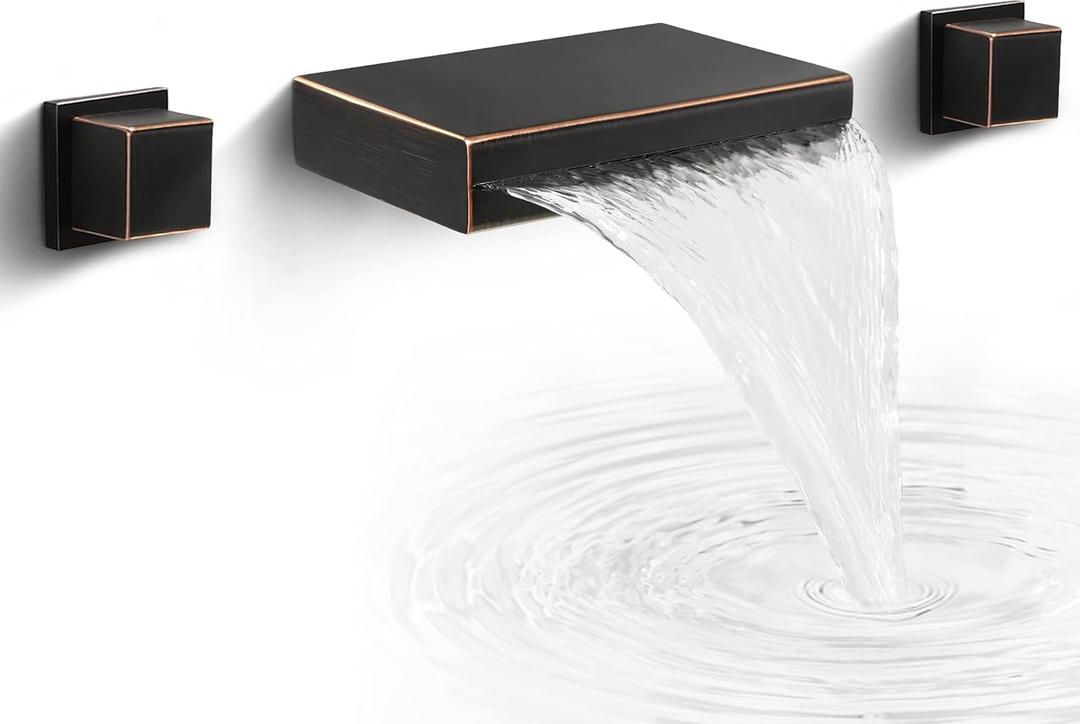 SKOWLL Wall Mounted Sink Faucet, Modern Waterfall Bathroom Faucet 2 Handle Widespread Faucets for Bathroom Sink 3 Holes Tub Filler, Oil Rubbed Bronze Finished