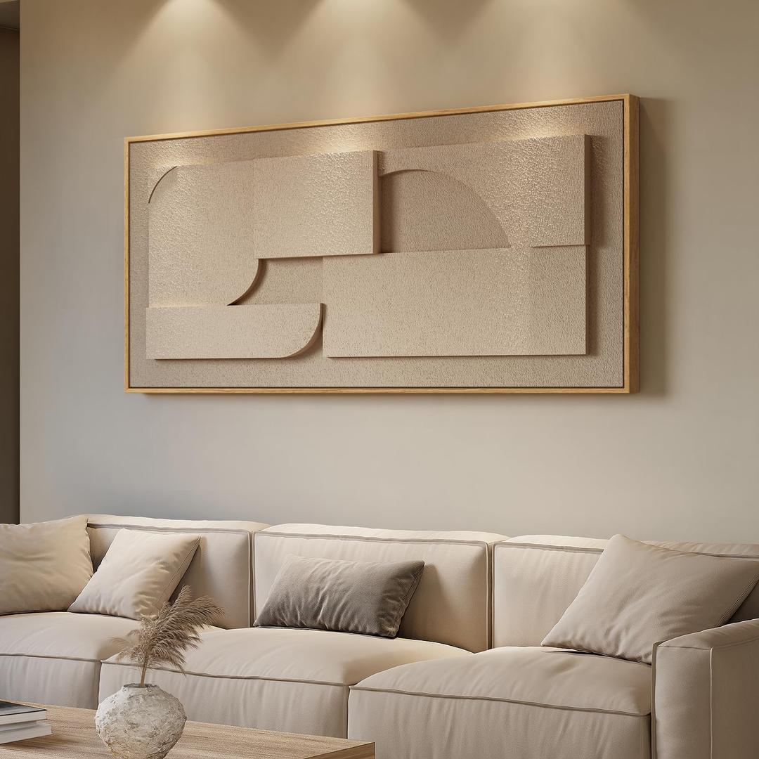 Large Framed 3D Neutral Abstract Wall Art for Living Room, Horizontal Modern Textured Paintings Artwork for Walls, Beige Geometric Pictures Wall Decor for Bedroom Dining Room Home Office, 60x30 In