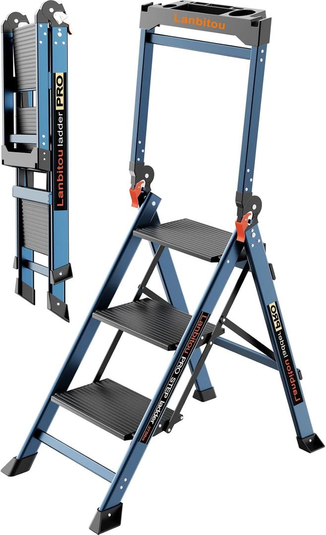 Ladder Pro 3 Step Ladder with Handrails, Aluminum Heavy Duty Ladder, Wide Step & Anti-Slip Feet, Lightweight Portable, Folding Storage Ladders for Home Family Indoor RV Kitchen