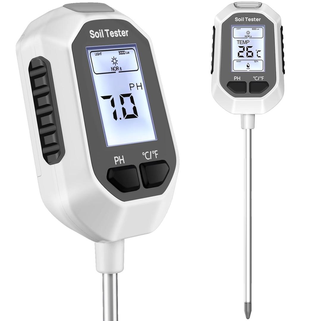 YAMRON 4-in-1 Soil Moisture Meter, Digital Plant Temperature/Soil Moisture Test & PH Meter/Sunlight Intensity, Backlight LCD Display for Gardening, Farming and Outdoor Plants, White