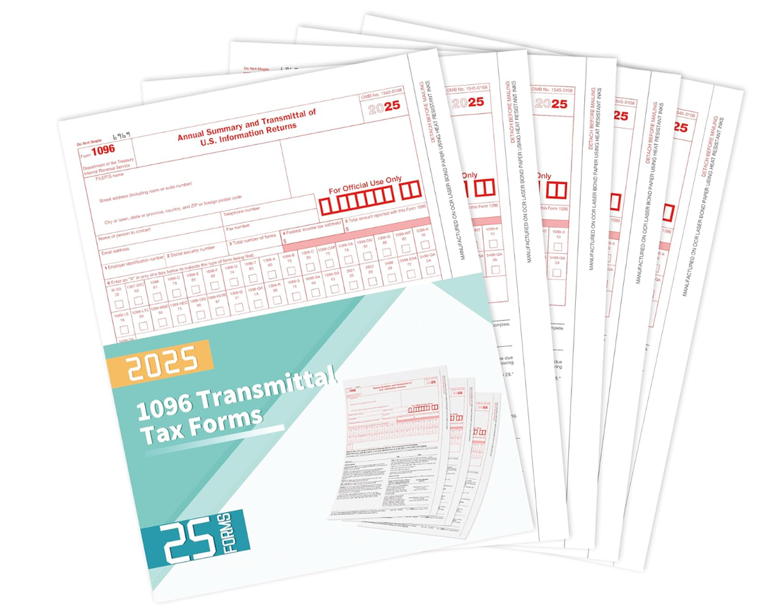 1096 Transmittal Tax Forms 2025, 25 Pack of 1096 Summary Laser Tax Forms, Compatible with QuickBooks and Accounting Software, Use for 1099 NEC, MISC, INT, and Other 1099 Forms