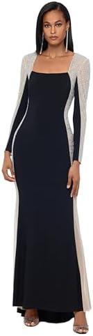 Xscape Women's Long Square Neck Long Sleeve Beaded Contour Gown, Black Nude Silver, 10