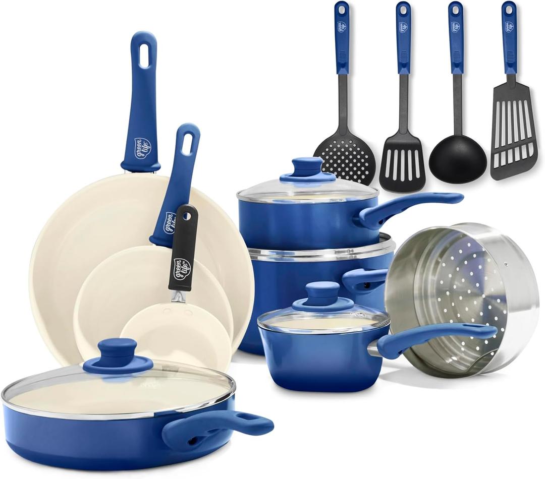 GreenLife Soft Grip 16 Piece Cookware Set, Non-Toxic PFAS-Free Ceramic Nonstick, Frying, Sauce, Saute, Utensils, Glass Lids, Stay-Cool Handles, Wobble Free, Dishwasher & Oven Safe, Blue