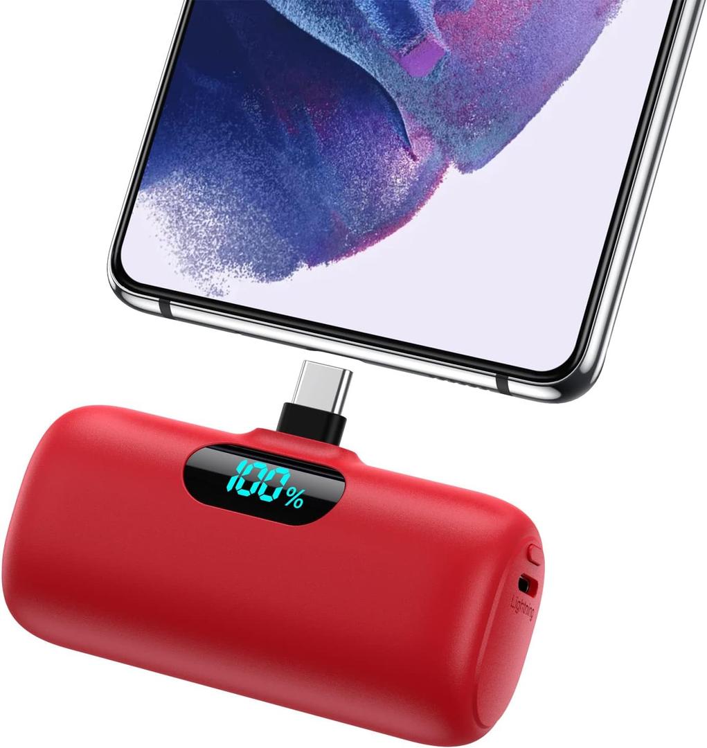 Mini Portable Charger 5000mAh Power Bank,15W PD USB C Cell Phone Portable Power, LCD Display Battery Pack Compatible With iPhone 15/15 Plus/15 Pro/15 Pro Max/Android/Samsung/Moto/LG (Type-C Only) (Red)