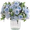 4 Bunches Artificial Flowers for Decoration Blue Peonies Fake Roses Arrangements Table Centerpiece Faux Flores for Wedding Home Vase Decor
