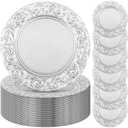 Uiifan 50 Pcs Silver Charger Plates Bulk 13'' Antique Plastic Chargers, about 13 inches in diameter