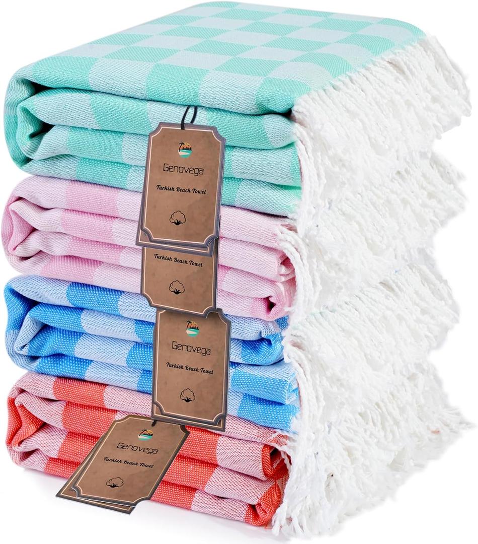 4 Packs Checkered Plaid Turkish Beach Towel Beach Blanket Sandproof Fast Drying Extra Palm Spring Cabo San Lucas Venice Trip Essentials Pueto Vallarta Nassau Cosaster Accessories Resort Key West