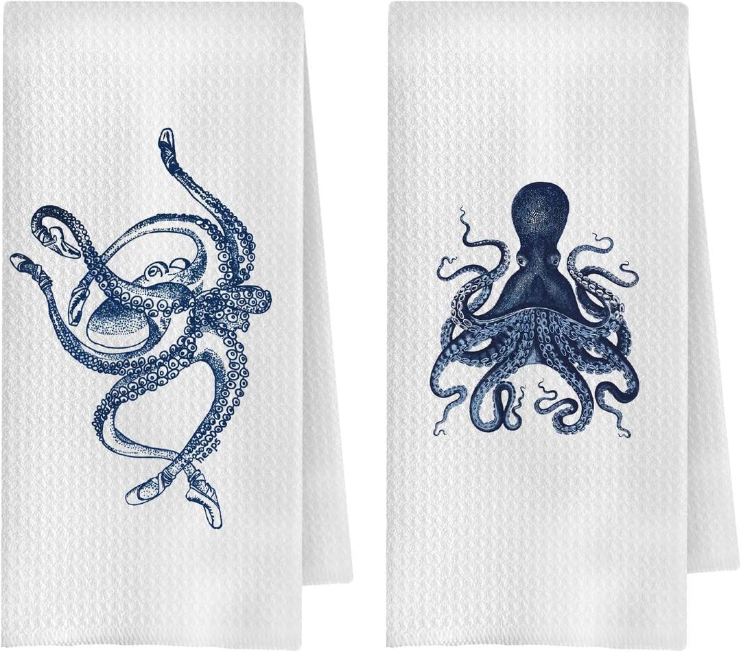 Coastal Octopus Kitchen Towels Set of 2, Coastal Beach Dish Tea Towels for Kitchen Decor, Blue and White Beachy Decorative Hand Towels, Octopus Bathroom Decor, 16x24 Inches
