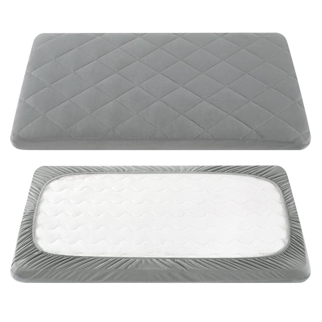 TILLYOU Pack and Play Sheet - Soft Quilted Crib Cover Pad, Toddlers Mattress Protector with 1''-3'' Deep Pocket, Thick Play Yard Playpen Sheets, Breathable Fluffy Crib Mattress Pad, 39"x27", Grey (pack n play sheet, Gray)