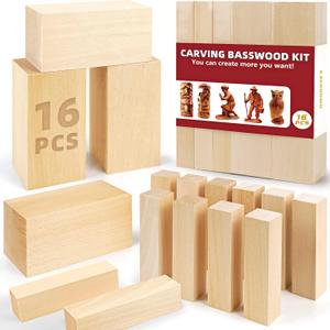 Basswood Carving Blocks, 16PCS Whittling Wood Blocks Kit with 2 Different Sizes, Easy to Use, for Kids and Adults