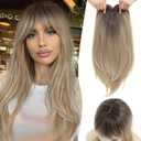 PANEWAY Hair Topper With Bangs 18inch Toppers With 6.5 6.5 Large Base Long Straight Layered Premium Synthetic Hair Pieces For Women-Ombre Blonde With Dark Root