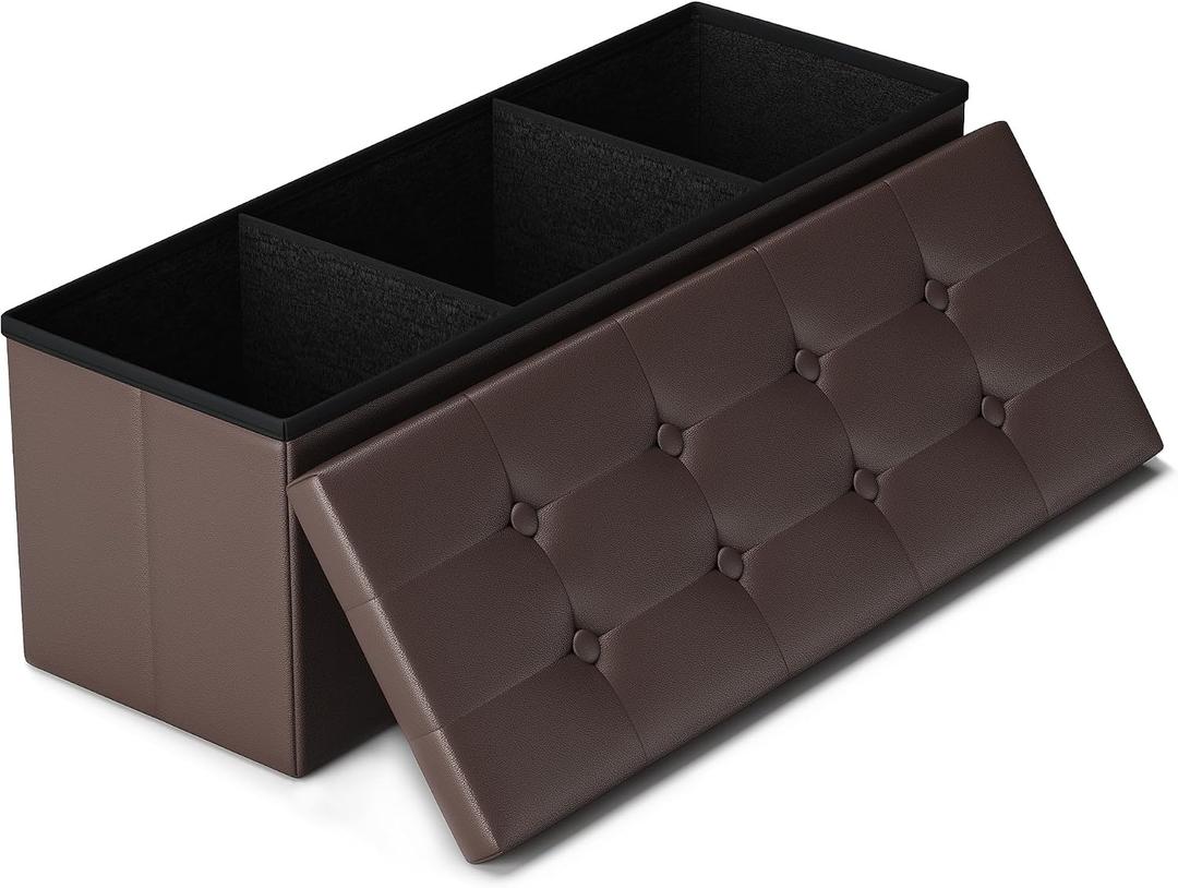 LITZFUR 43 Inches Folding Storage Ottoman Bench, PU Leather Storage Chest, Footrest Padded Seat for Bedroom and Hallway, Holds up to 660 lbs, Brown, 43.3"D x 15"W x 15"H