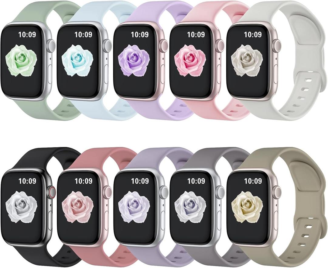 10 Pack Sport Bands Compatible with Apple Watch Band 38mm 40mm 41mm 42mm 44mm 45mm 46mm 49mm Women Men, Soft Silicone Waterproof Strap for Apple Watch SE Ultra iWatch Series 10 9 8 7 6 5 4 3 (Flannel Grey/Vintage Rose/Brick Blue/Ash Rose/Pale Blue/Sage Green/Black/Starlight/Milk Tea/Lavender Purple)
