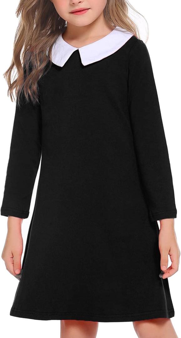 Arshiner Girls Long Sleeve Vintage Peter Pan Collar T-Shirt Dress Age 4-13 Years (Black)