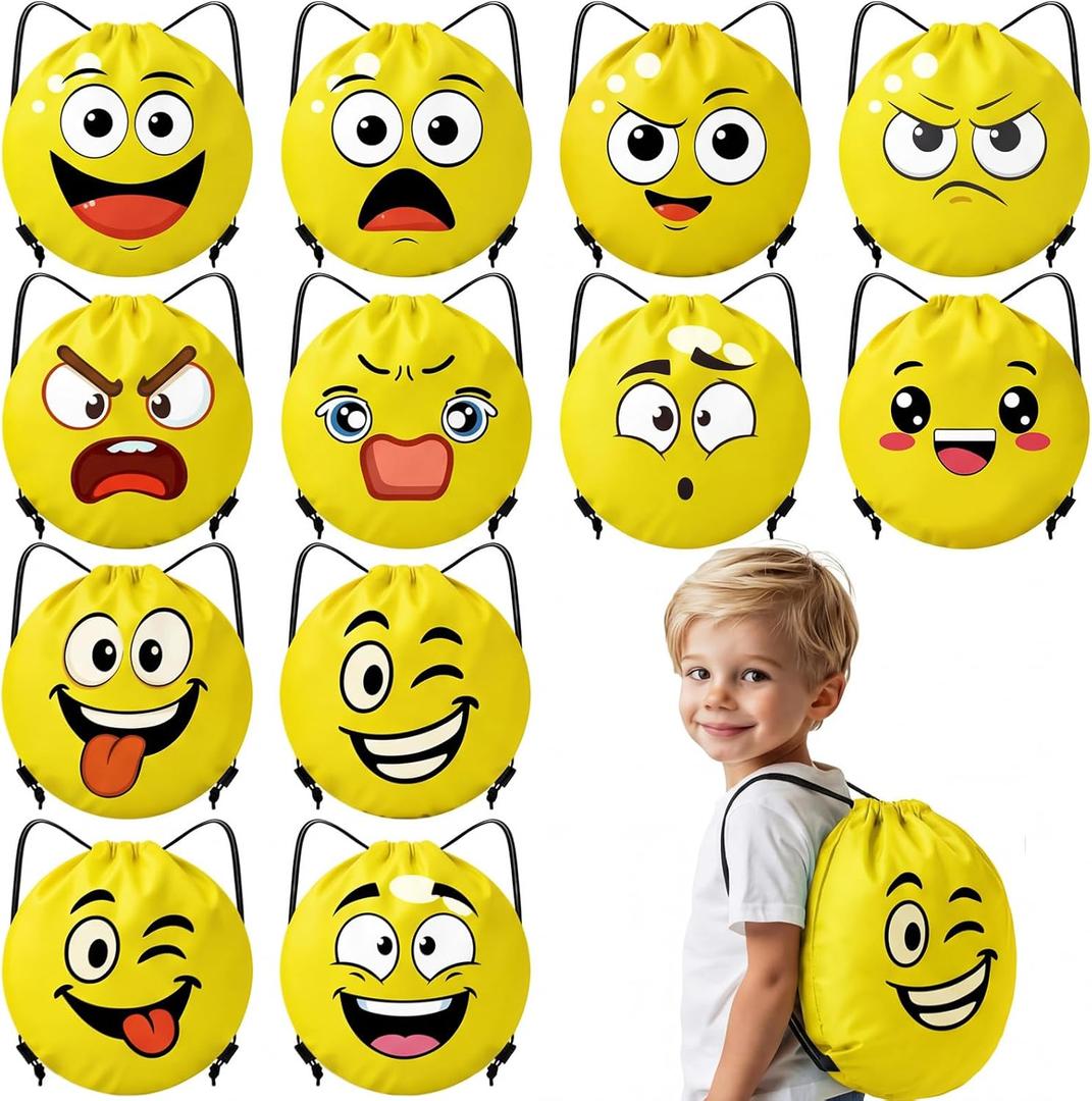 Kacctyen 12 Pcs Funny Face Drawstring Bags Emotion Goodie Bags Facial Expressions Drawstring Backpack for Gifts Party Favors for Girls Boys