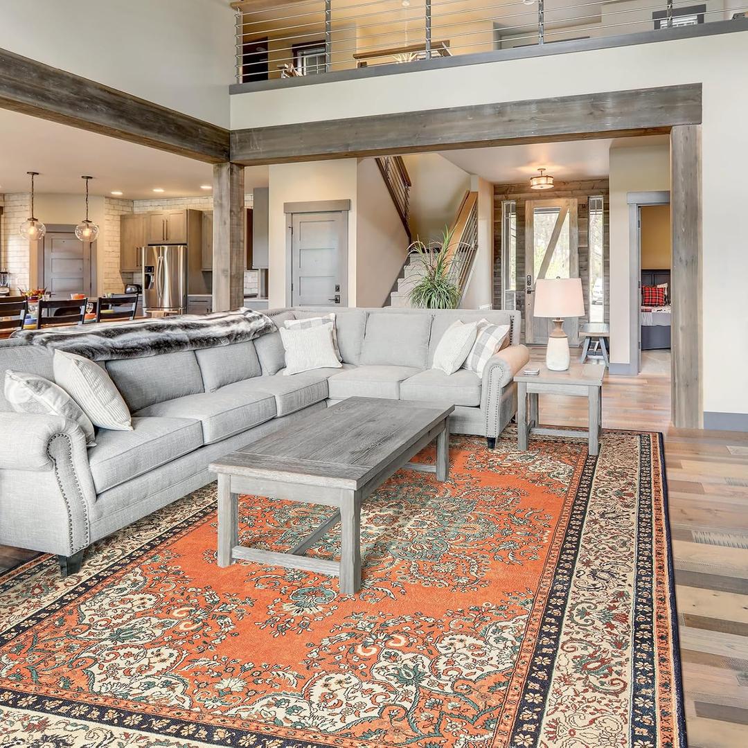 8x10 Area Rug for Living Room, Machine Washable Non-Slip Orange Rust Vintage Large Area Rug for Living Room Dining Room, Distressed Floral Western Rustic Carpet, Low Pile Rug
