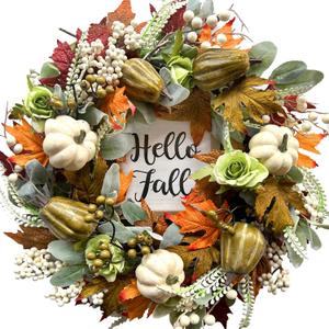 Bibelot Hello Fall Wreath 22' Autumn Decor, Harvest Wreath with Pumpkin, Maple Leaves, Pine Cones for Front Door, Wall, Indoor, Outdoor, Thanksgiving, Fall