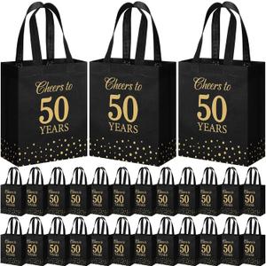Supervitae 24 Cheers to 50 Years Gift Party Bags Medium Black and Gold Party Decoration Supplies Reusable Non Woven Totes for Birthday Anniversary Wedding Favor(9.8" x 7.9" x 3.9")