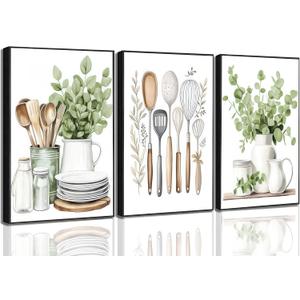 3 Pcs Sage Green Farmhouse Kitchen Canvas Wall Art Minimalist Dining Room Eucalyptus leaves plant Painting Pictures Wall Decor Poster Print Artwork For Dining Room kitchen Home Decoration Unframed (16"L x 12"W)