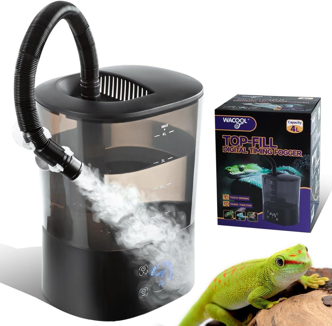 WACOOL Reptile Fogger Mister 4L No-Leak Top-Fill Water Humidifier - Digital Timer Terrarium Fogger with Adjustable Fog Volume and Silent Operation for Snake/Gecko/Gecko Tanks