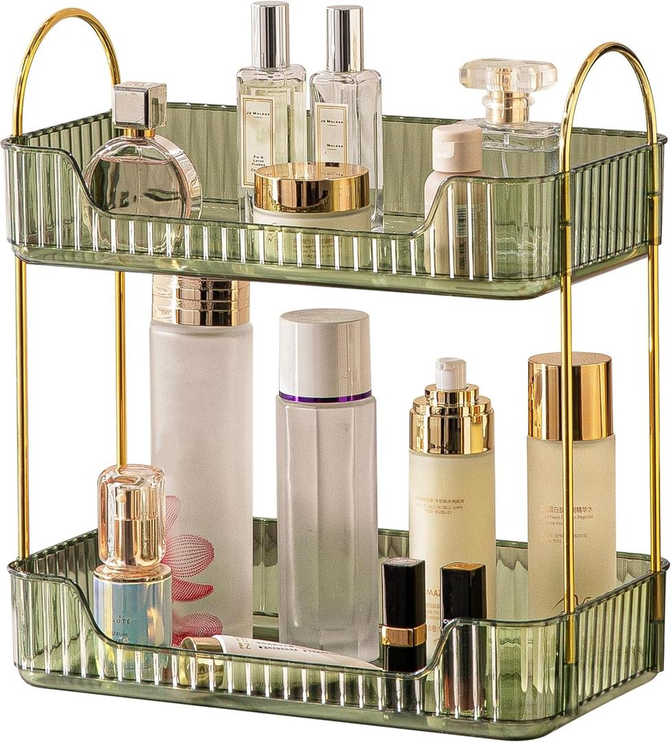 Bathroom Organizer Countertop, Vanity Trays for Bathroom, Skincare Makeup Shelf, Organizer, Counter Shelf Cosmetics, Toiletries, Lotions, Perfumes (2 Tiers, Green) (11.8" x 6.7" x 13")
