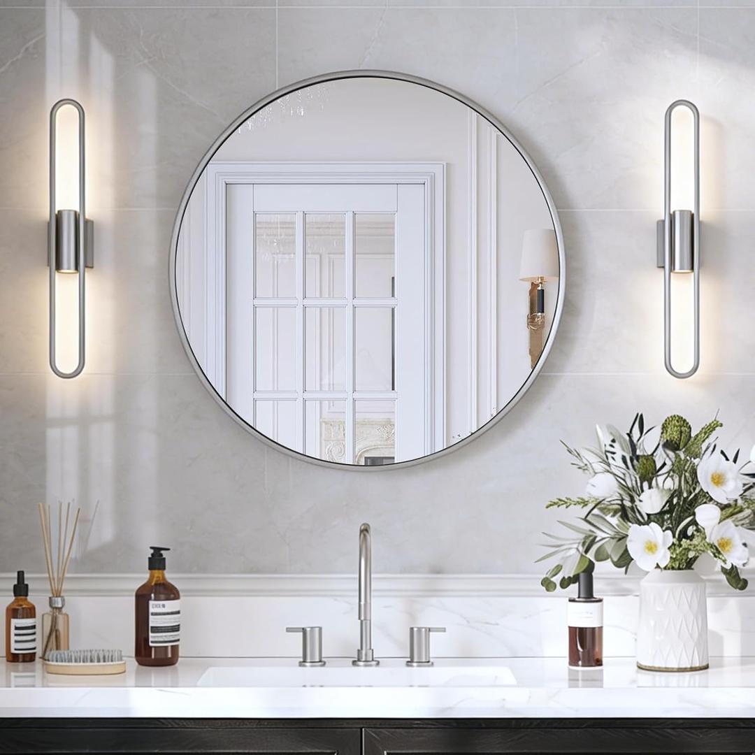 30 Inch Brushed Nickel Round Bathroom Mirror for Over Sink | Circle Mirror with Aluminum Frame, Wall Mirror for Vanity, Entryway, Living Room, Hallway and Bedroom Decor