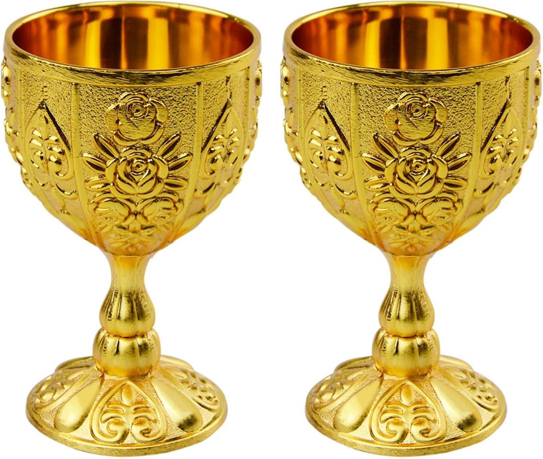 Flylin 2 Pcs Chalice Goblet, 30ml Vintage Chalice Goblet Metal Shot Glasses Tiny Embossed, Medieval Cup Retro Ornaments for Kitchen Home Bar Party Wedding Decoration (Gold)