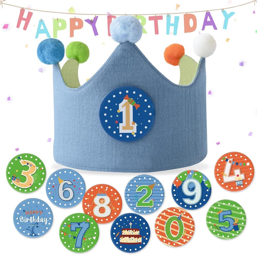 Reusable Birthday Crown with Numbers,Kids Birthday Hat Fabric Crown Pertain Kids Boy Toddler Girl Baby Bday Hats (Blue + Green)