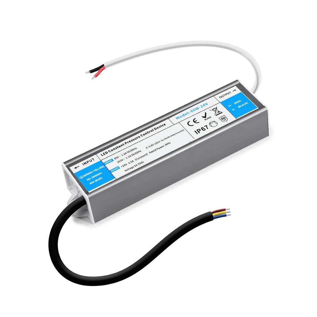 LED Driver 60 Watts Waterproof IP67 Power Supply 85V-265V AC to 24V DC Converter,Quiet and Small LED Transformer Low Voltage Output for LED Strip Lights,Outdoor
