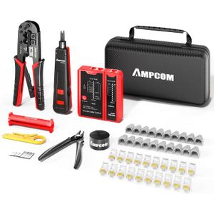 AMPCOM Ethernet Crimping Tool Kit 10-in-1 RJ45/RJ11 Network Tool Kit with RJ45 Tester for Cat6/Cat5e/Cat5 RJ45 Connectors, Includes 110 Punch Down Tool & Wire Stripper, Portable Waterproof Bag
