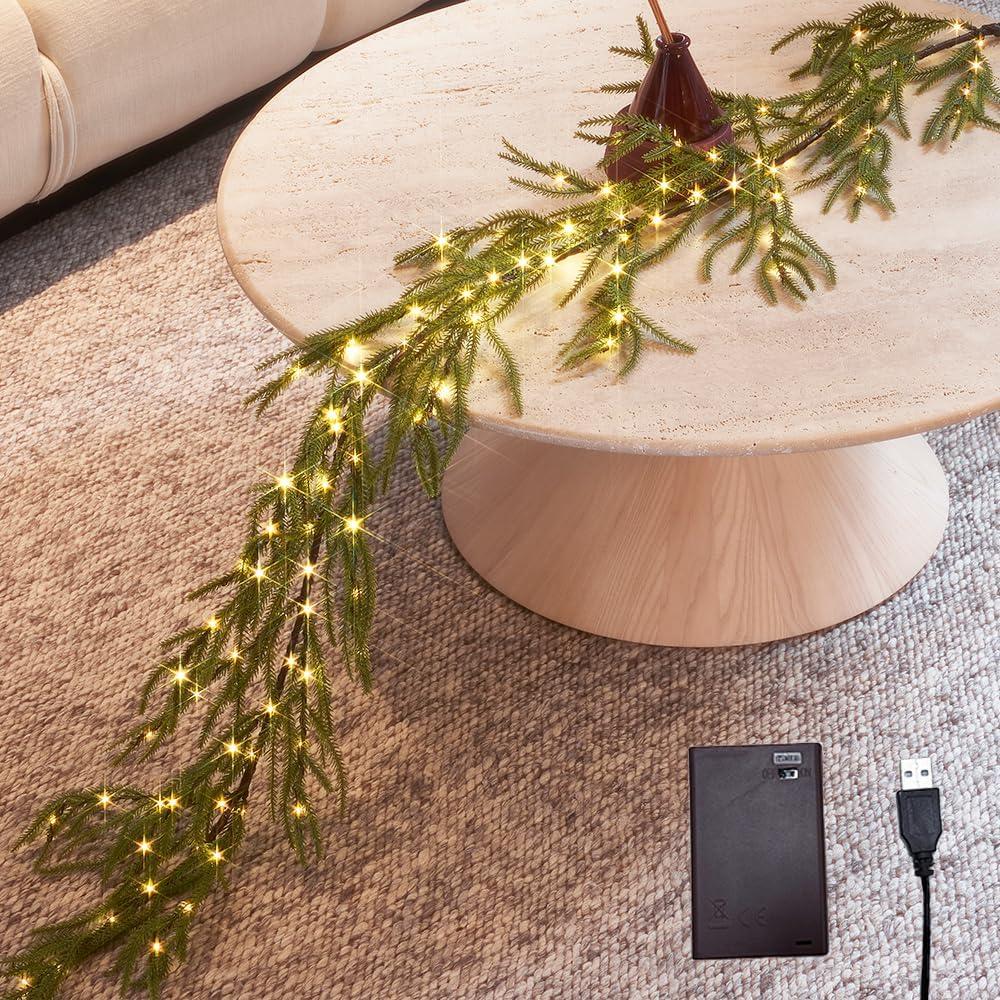 LITBLOOM Norfolk Pine Garland with Lights 6FT Battery Operated or USB Powered, Lighted Garland with Timer 110 LED Fairy Lights for Fireplace, Table Christmas Decoration