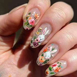 Rabbit Press on Nails Flower Fake Nails White Glue on Nails Glossy Stick on Nails Medium Almond False Nails Artificial Acrylic Eater Nail for Women Girls Manicure 24Pcs