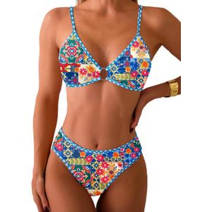 Fanuerg Women's Triangle Bikini Sets O Ring Linked Two Piece Swimsuits Floral Printed Cheeky Bathing Suit (Large)