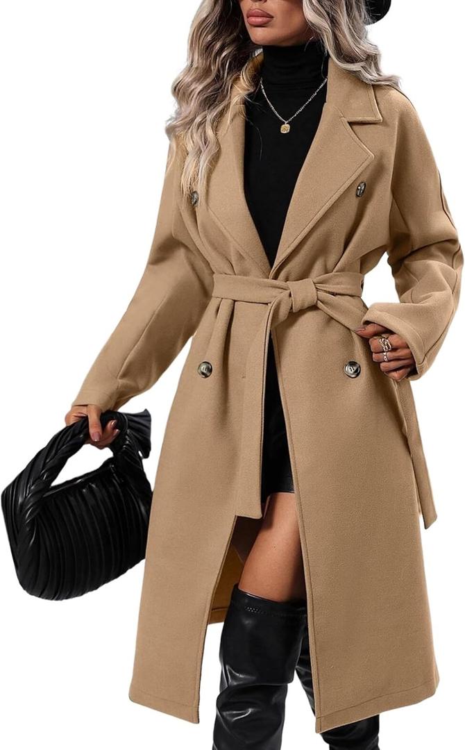 OPCAKM Women's Winter Wool Blend Pea Coat Double Breasted Notch Lapel Long Trench Coat