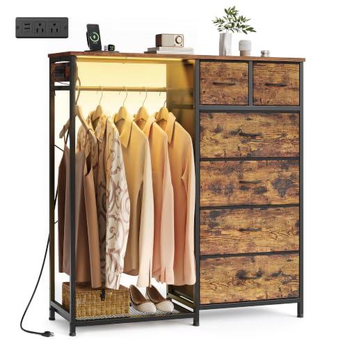 SONGMICS Dresser with Hanging Rod, Closet Organizer with 6 Fabric Drawers