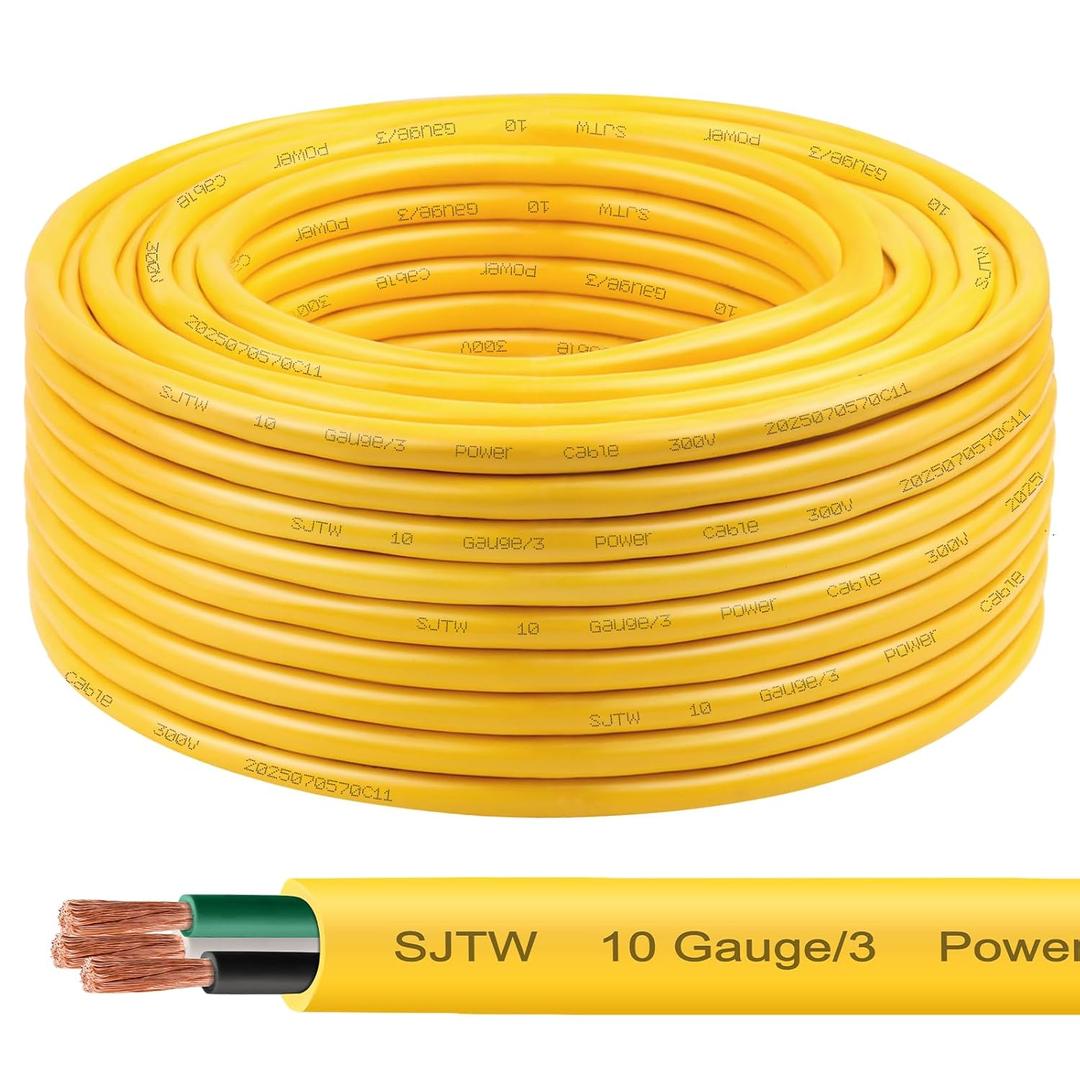 10/3 SJTW Yellow Wire 50 Feet - 10 AWG 3 Conductor SJTW Cable with UV-Resistant Jacket for Motor Leads, Battery Chargers and Machine - 50 ft Electrical Wire