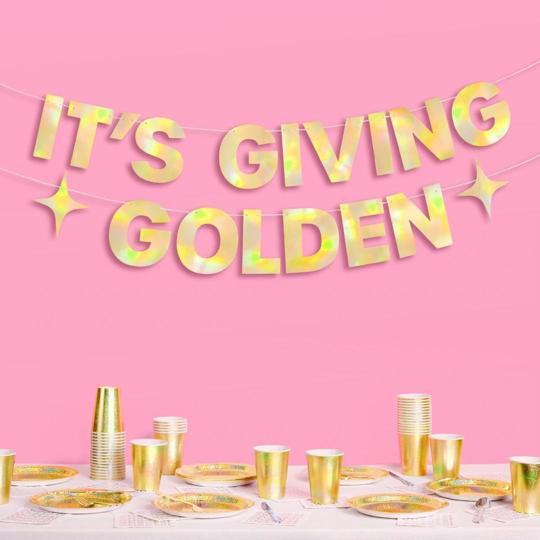 xo, Fetti It's Giving Golden Banner - Gold Foil | 6 Ft. | Birthday Sign, Bachelorette Party Background, Metallic Bday Decorations