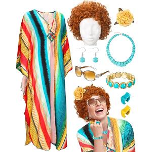 Velmitten Landlady Costume Including Caftan Dress Curly Wig Necklace Earring Sunglasses Rings Hair Clip for Halloween Cosplay (One Size)