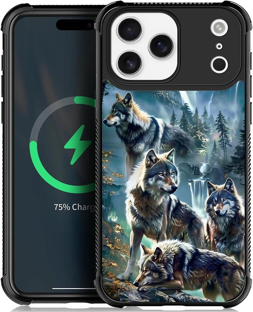 CARLOCA for iPhone 17 Pro Max Compatible with Magsafe Case Design for Girl Boy Shockproof Magnetic Charge Hard PC Back Case Esthetics Pattern Wolf Pack Forest Waterfall Mountain