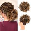 HOOJIH Curly Hair Bun, Messy Bun Hair Piece Elastic Drawstring Large Full Extension Hairpiece Short Synthetic Ponytail Extension for Women - Chocolate Brown with Golden Highlights (Pack of 1)